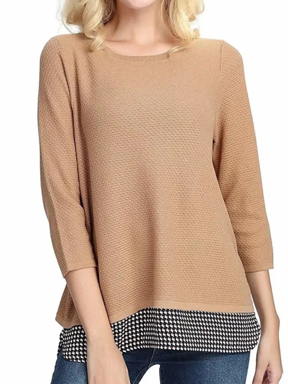 The Limited Classic Crewneck Sweater in Camel Houndstooth Trim Criss Cross Back